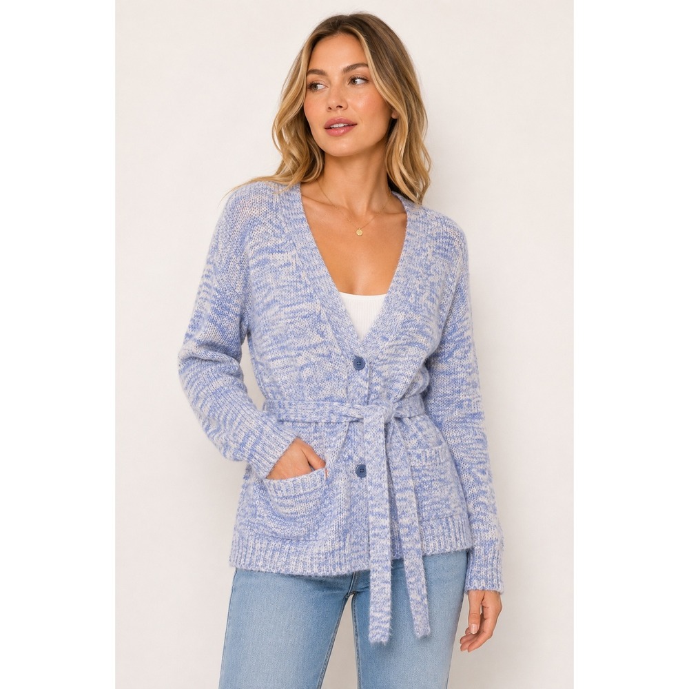 Stitches + Stripes Larkin Cardigan Cornflower Blue White Marled Belted S/M NWT